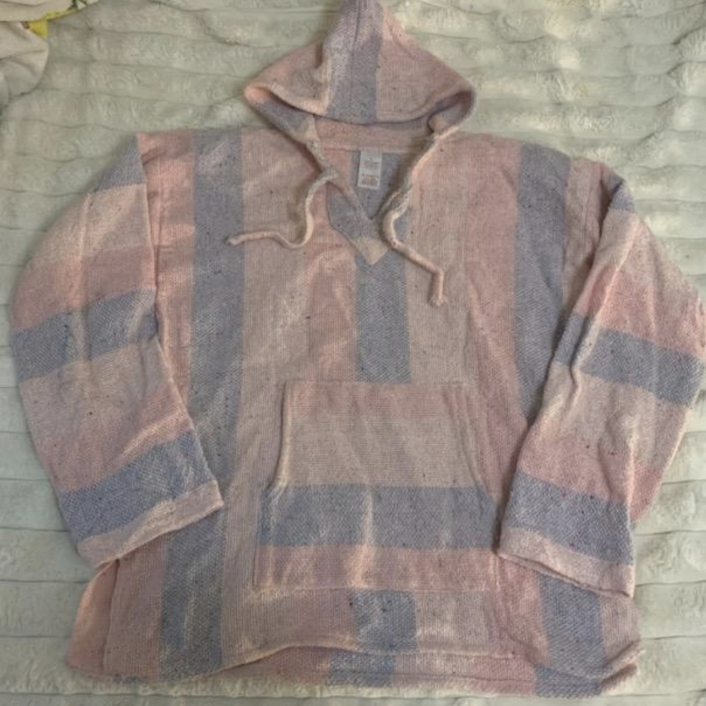 Y2K Vintage Baja Hoodie Drug Rug Pink Blue Striped Pullover Large Mexican Jumper